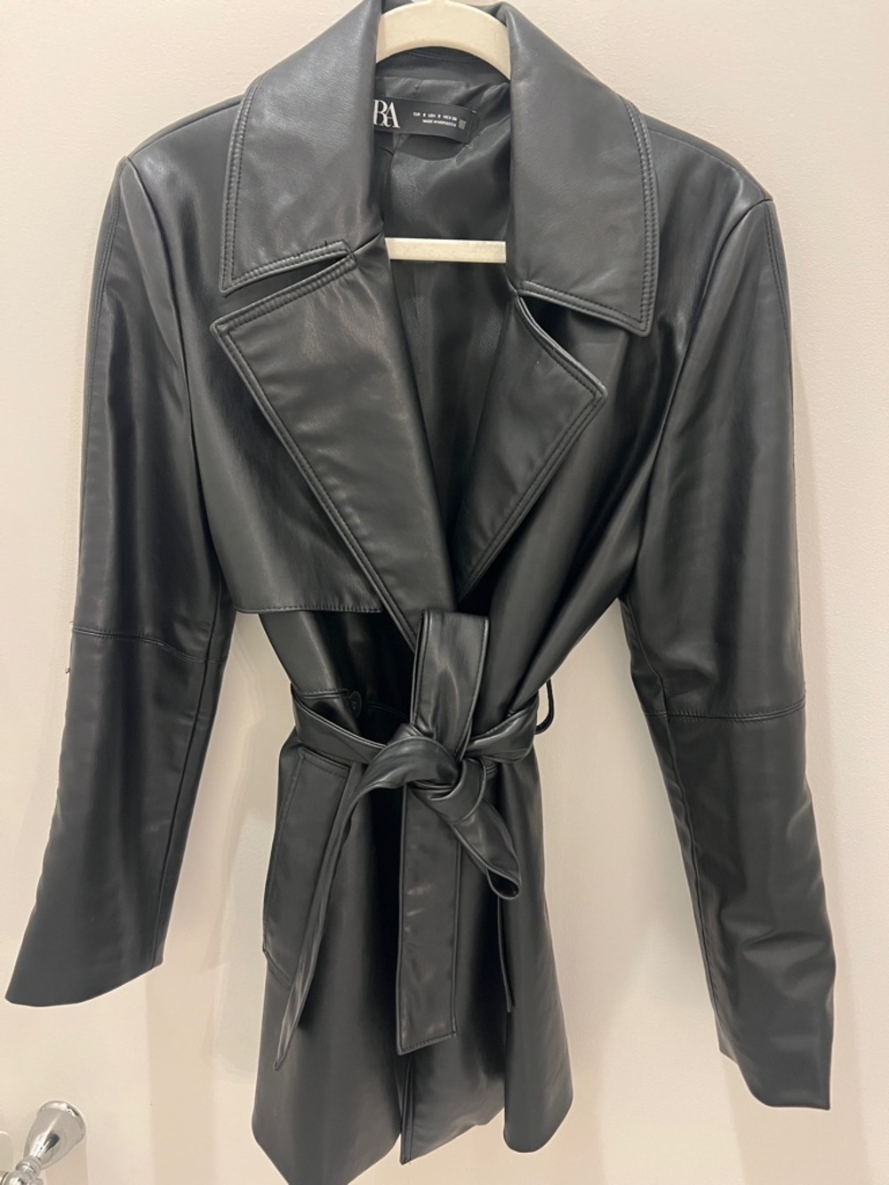 Zara Black Faux Leather Belted Trench Coat